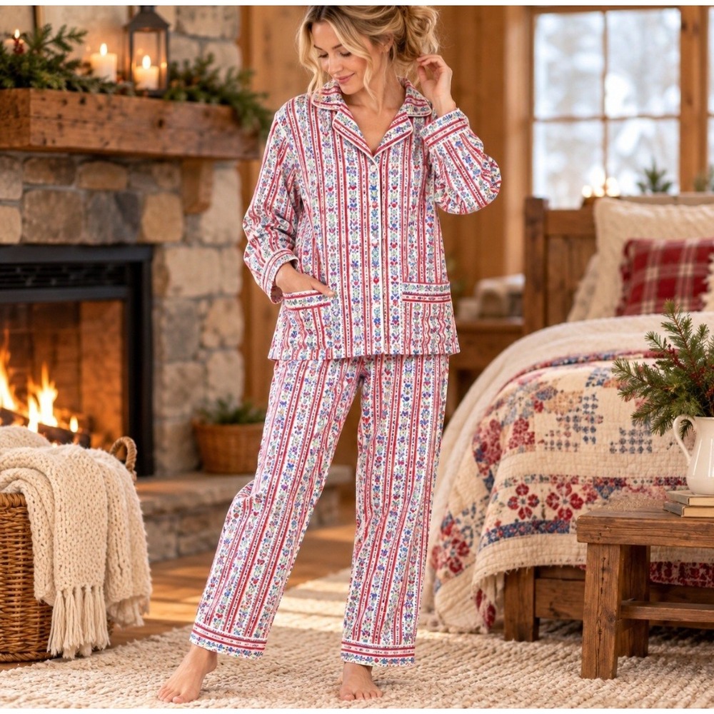 Lanz Of Salzburg Women's 2 Piece Flannel Pajama Set Sz S Red Blue Hearts NWT
